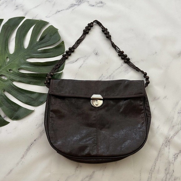 Lulu Townsend Vintage Y2k Shoulder Bag Purse Brown Leather Crochet Beaded Strap - Picture 1 of 7
